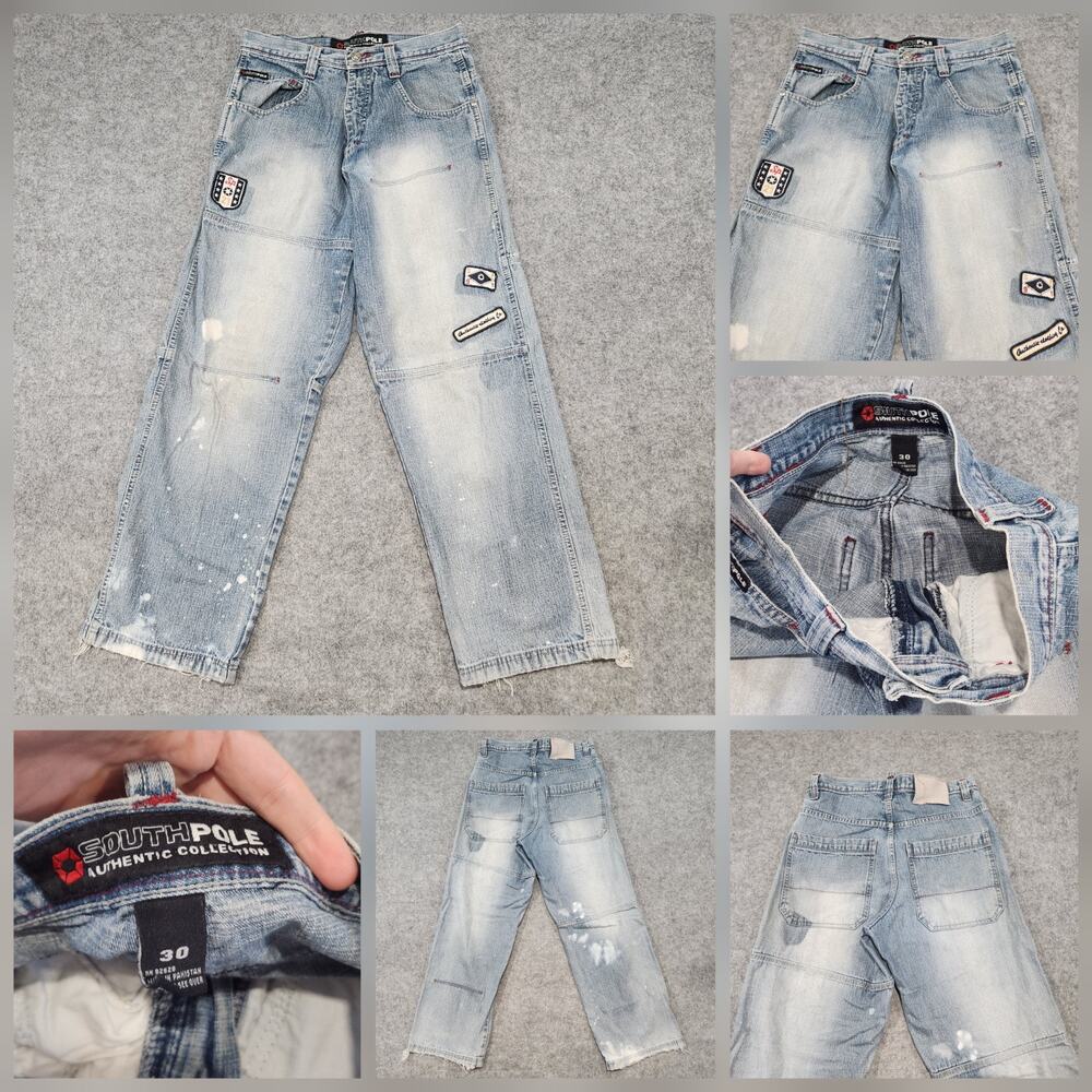 VTG Y2K SouthPole‎ Mens 30x30 Embroidered Faded Wide Leg Baggy Blue Denim Jeans
